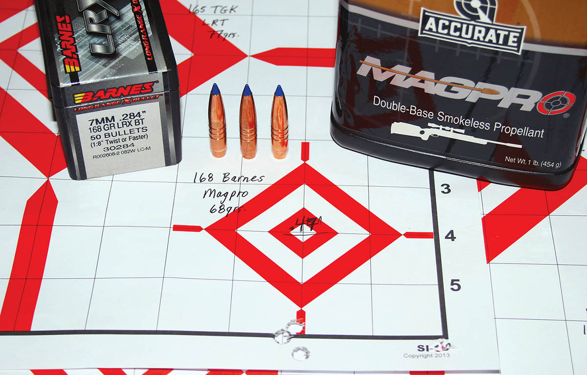 The best group assembled during testing involved Barnes’ 168-grain LRX BT bullet and 68 grains of Accurate Magpro powder. The group measured less than a 1⁄2 inch and was sent at 2,885 feet per second (fps).